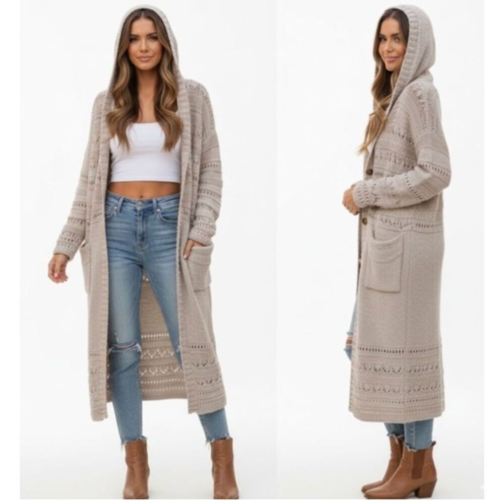 Free People Cardigan S Boho Hooded Oversized Warm Cable Knit Sweater Coat Grey